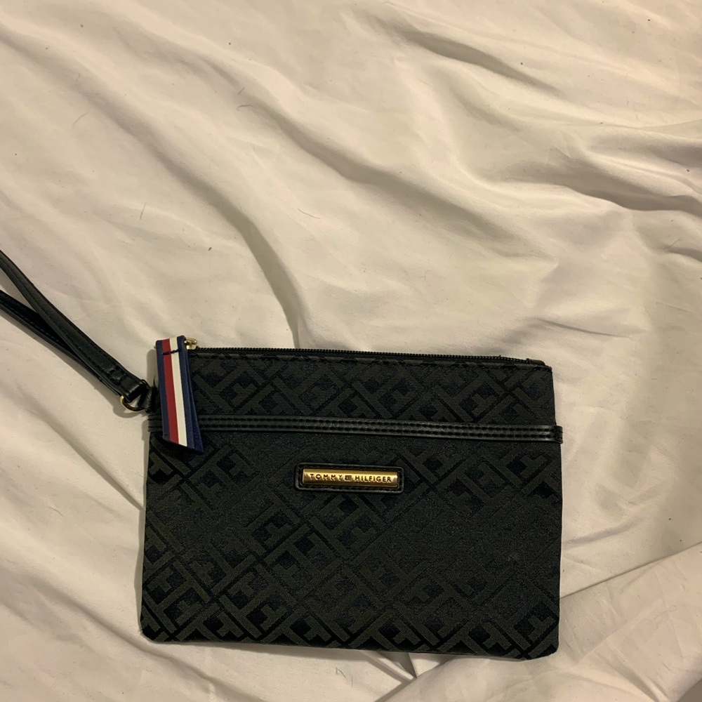 Tommy Hilfiger Black Wristlet Clutch with Signature Stripe Accent